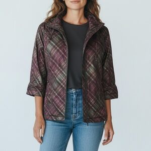 Chicos Medium Plaid Taffeta Jacket Coat Full Zip Size 1 Purple Grey Shiny